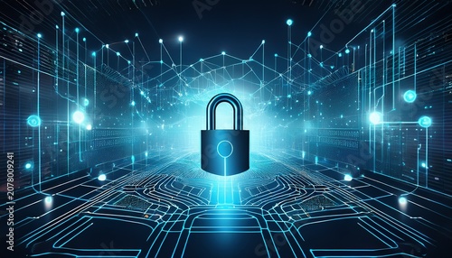 digital fortress conceptual image showing a digital lock symbolizing online data security surrounded by a network of interconnected nodes representing the internet