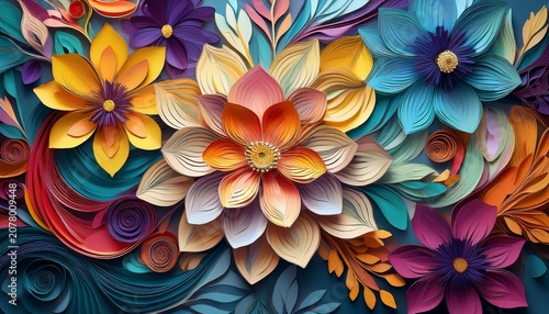 floral abstract colourful paper cut flower mosaic background