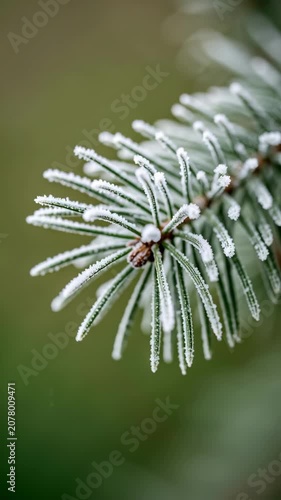 Frosted Evergreen Pine Needles Closeup.