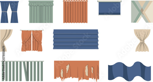 Tableau sur toile Window Curtain and Blind Vector Set Featuring Classic Drapes Roller Shades Roman