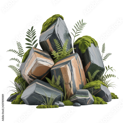 Pixel art pile of mossy rocks with green ferns