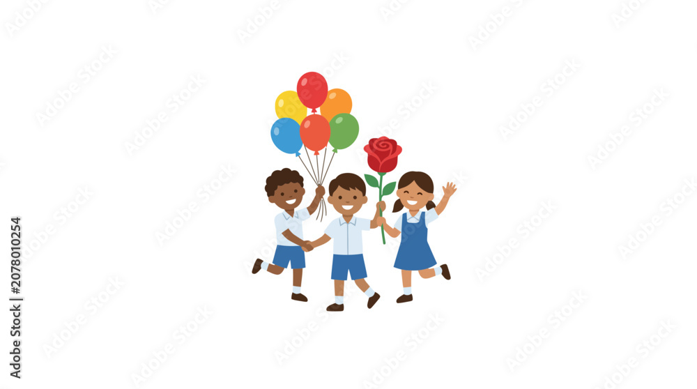 Fototapeta premium Happy Children with Balloons and Rose - Diversity Celebration