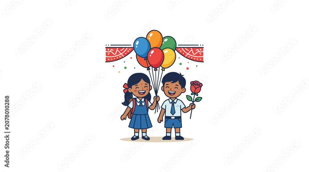 Fototapeta premium Happy Children with Balloons and Rose, Back to School Celebration