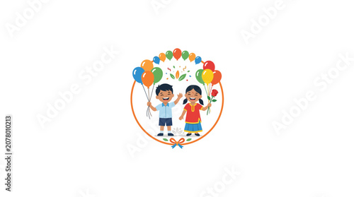 Happy Children Holding Balloons and Rose, Celebrating Childhood Joy and Fun