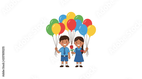 Happy Children Holding Colorful Balloons and Rose Flower