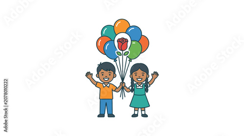 Happy Children Holding Colorful Balloons and a Rose