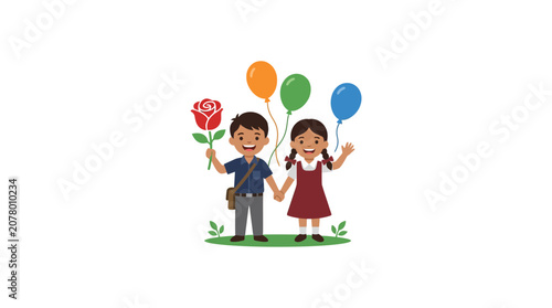 Happy Children Holding Rose and Balloons, Celebrating Together