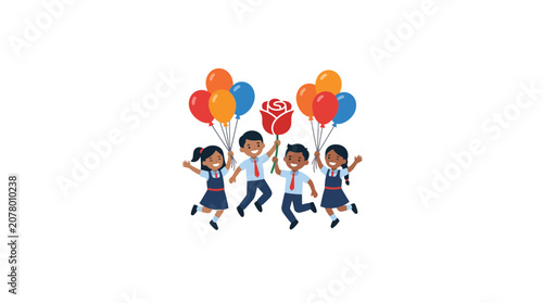 Happy Children in School Uniforms Holding Balloons and a Rose, Jumping Joyfully