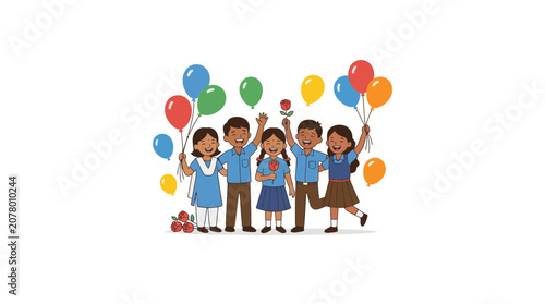 Happy Children with Balloons and Flowers Celebrating Childhood
