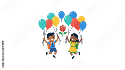 Happy Children with Balloons and Rose - Back to School Celebration