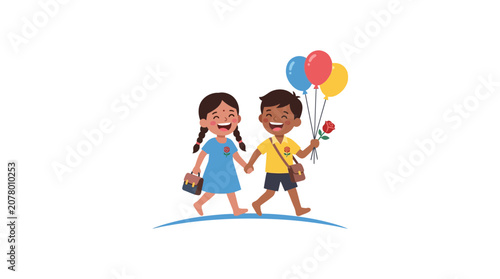 Happy Children with Balloons and Flowers Walking Together