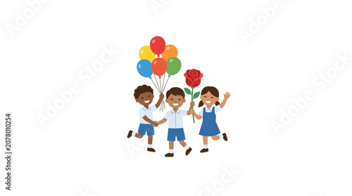 Happy Children with Balloons and Rose - Diversity Celebration
