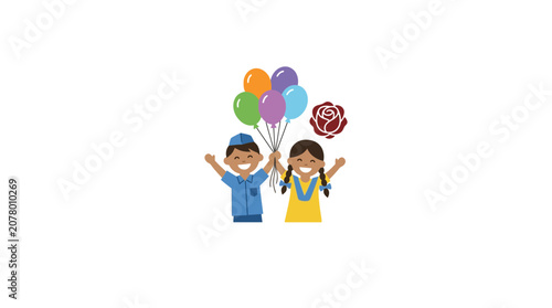 Happy Children with Balloons and Rose Flower