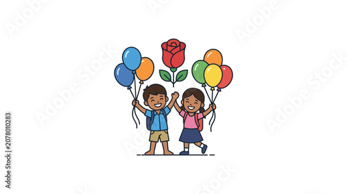 Happy Children with Balloons and Rose, Back to School Celebration