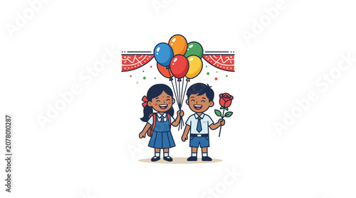 Happy Children With Balloons and Rose, Back to School Celebration