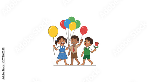 Happy Children with Balloons and Rose, Cartoon Illustration, Back to School