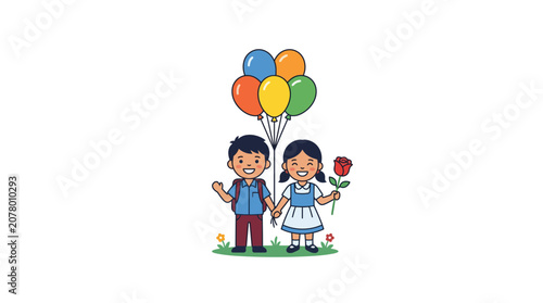 Happy Children with Balloons and Rose, Back to School Illustration