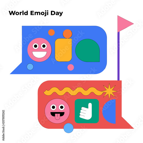 A playful illustration of two stacked chat bubbles featuring expressive digital emoji icons for World Emoji Day
