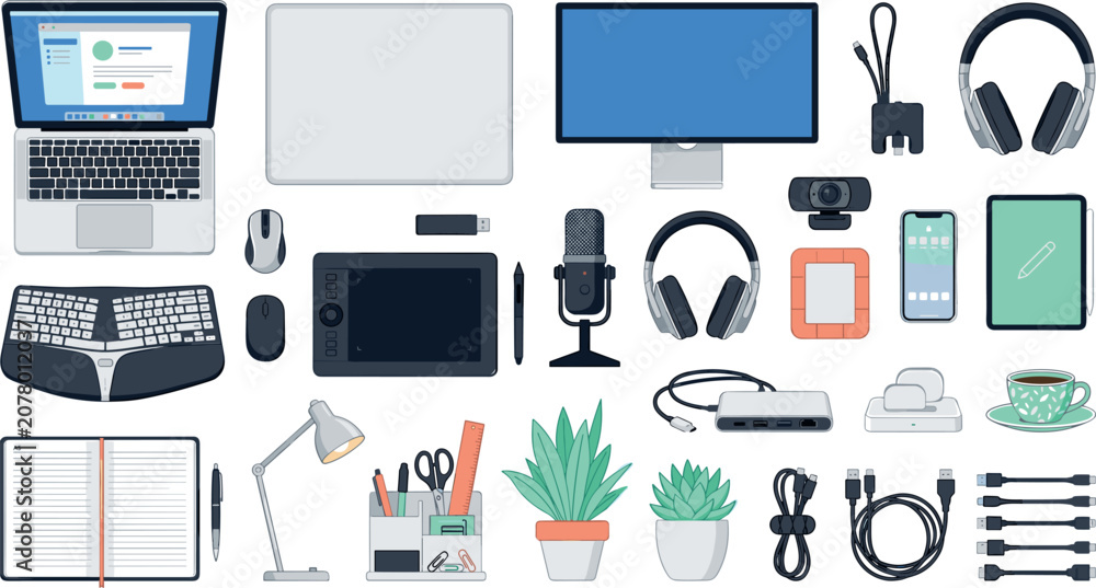 Fototapeta premium Remote Office Hardware and Electronic Gadgets Vector Collection for Desktop Computing, Podcast Audio Broadcasting, Graphic Design Workstations, and Workspace Organization Items