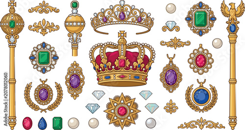 Konstfotografi Royal Crown and Luxury Gold Regalia Icon Set with Scepter, Tiara, Imperial Brooc