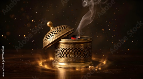 Incense Burner with Aromatic Smoke and Golden Ornamentation