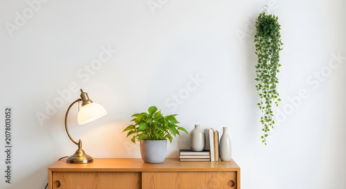 Minimalist desk with lamp, plant, and hanging greenery