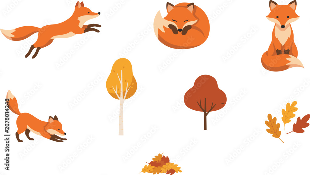 Fototapeta premium Cute Red Fox Vector Character Collection in Various Poses with Autumn Trees and Colorful Falling Oak Leaves for Thanksgiving Holiday Pattern Designs