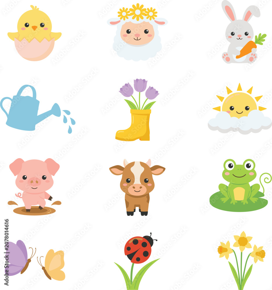 Fototapeta premium Cute Spring and Farm Animals Vector Collection Featuring Chick Lamb Bunny Pig Cow Frog Watering Can Tulip and Narcissus Flower Icons for Nursery Designs