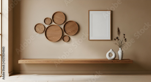 Minimalist wall art with circular cork pieces and decorative vases