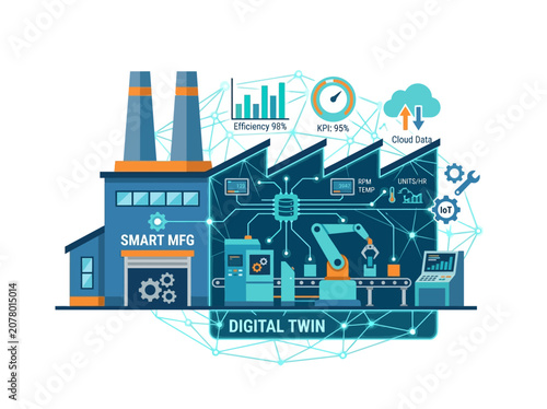 Flat vector icon of factory digital twin system with machine and virtual data overlay, smart manufacturing concept