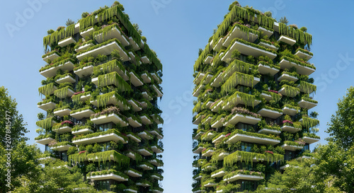 Two modern green-covered twin skyscrapers against blue sky
