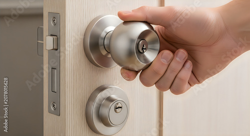 Hand installing smart digital door lock on white door
