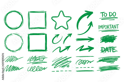 Green crayon hand drawn arrows and note frames set isolated as PNG