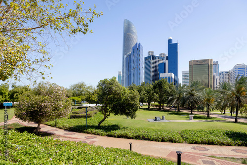 Modern cityscape as seen from Family park in Abu Dhabi, UAE