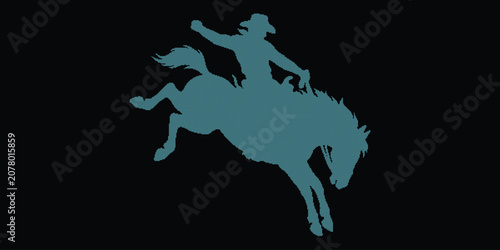 Rodeo Cowboy on Bucking Horse Silhouette Futuristic Teal Digital Grid Pattern Graphic Vector