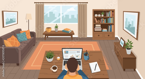 Flat illustration of person sitting at desk hesitating before decision, hand on chin, laptop open but idle, sticky notes blank on desk, remote worker, freelance, work from home, work from anywere,