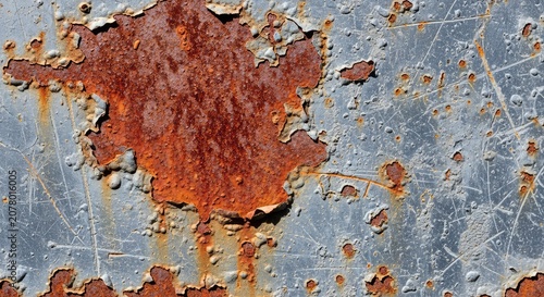 A close-up view of an aged gray metal surface featuring deep textures, rough grit, and patches of reddish rust showing industrial decay, material, construction, iron