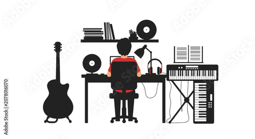 Flat illustration of person sitting at desk hesitating before decision, hand on chin, laptop open but idle, sticky notes blank on desk, remote worker, freelance, work from home, work from anywere,