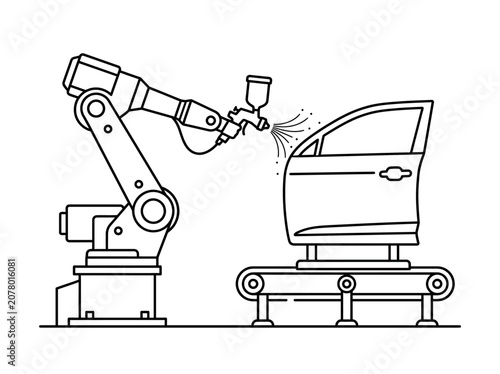 Minimal outline icon of robotic arm painting automotive part, automated industrial coating proces