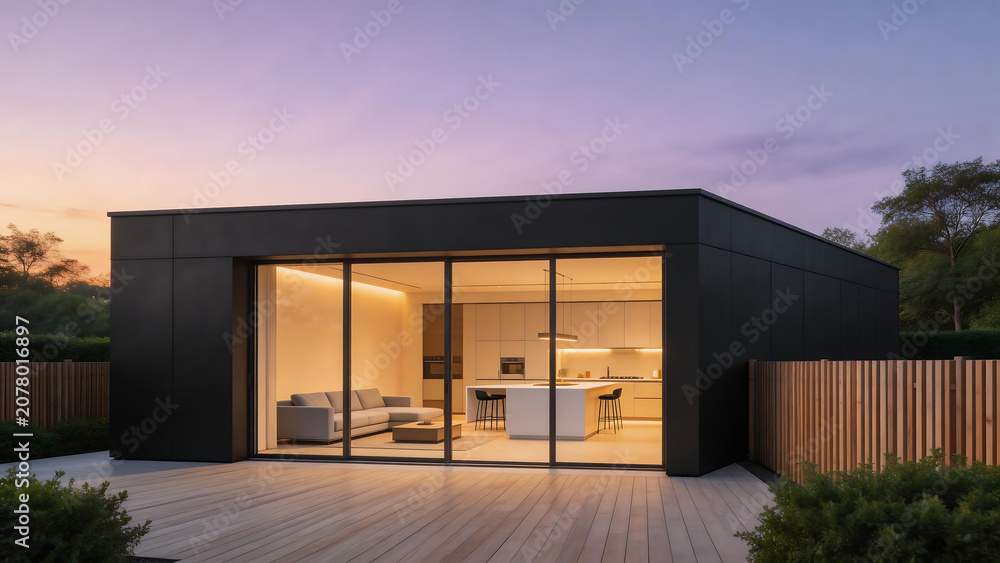 Fototapeta premium Modern house with open interior at dusk