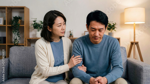 Supportive Asian wife comforting her sad, depressed husband on the living room sofa