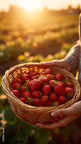 Fresh Organic Strawberries in Wicker Basket Held by Hands at Sunset in Strawberry Farm Field