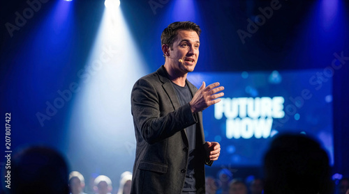 Confident male keynote speaker presenting on stage at a tech conference, gesturing to audience under blue spotlights.