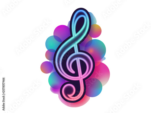 Colorful neon music treble clef symbol with bokeh lights