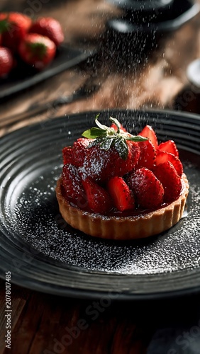 Gourmet Strawberry Tart on Black Ceramic Plate with Powdered Sugar Dusting, Fine Dining Dessert