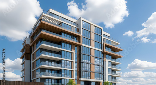 Modern multi-story building with balconies under blue sky