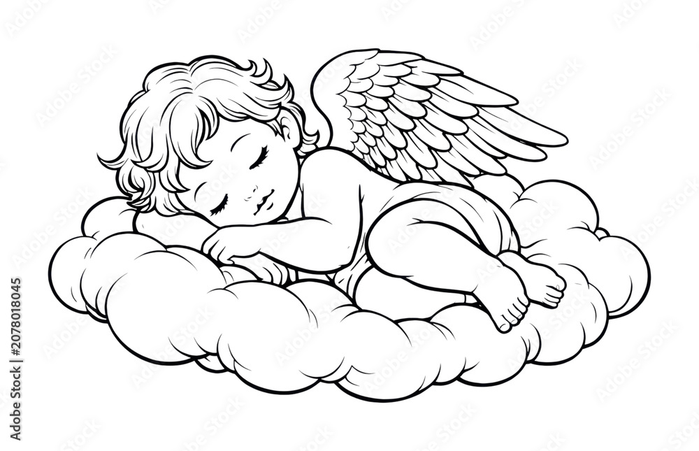 Obraz premium Sleeping cherub on cloud illustration.