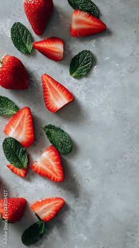 Top View Flat Lay of Sliced and Whole Strawberries with Mint Leaves on Concrete Surface with Copy Space