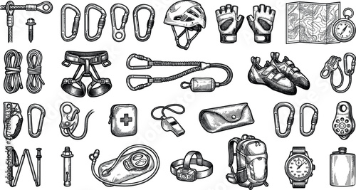 Quadro su tela Outdoor Rock Climbing and Mountaineering Safety Gear Vector Icon Set Featuring H