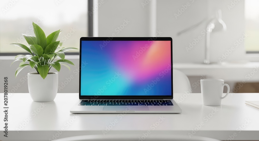 Fototapeta premium A sleek silver laptop sits open on a minimalist white desk in a bright modern office room featuring a green potted plant and a white coffee mug, silver, laptop, business